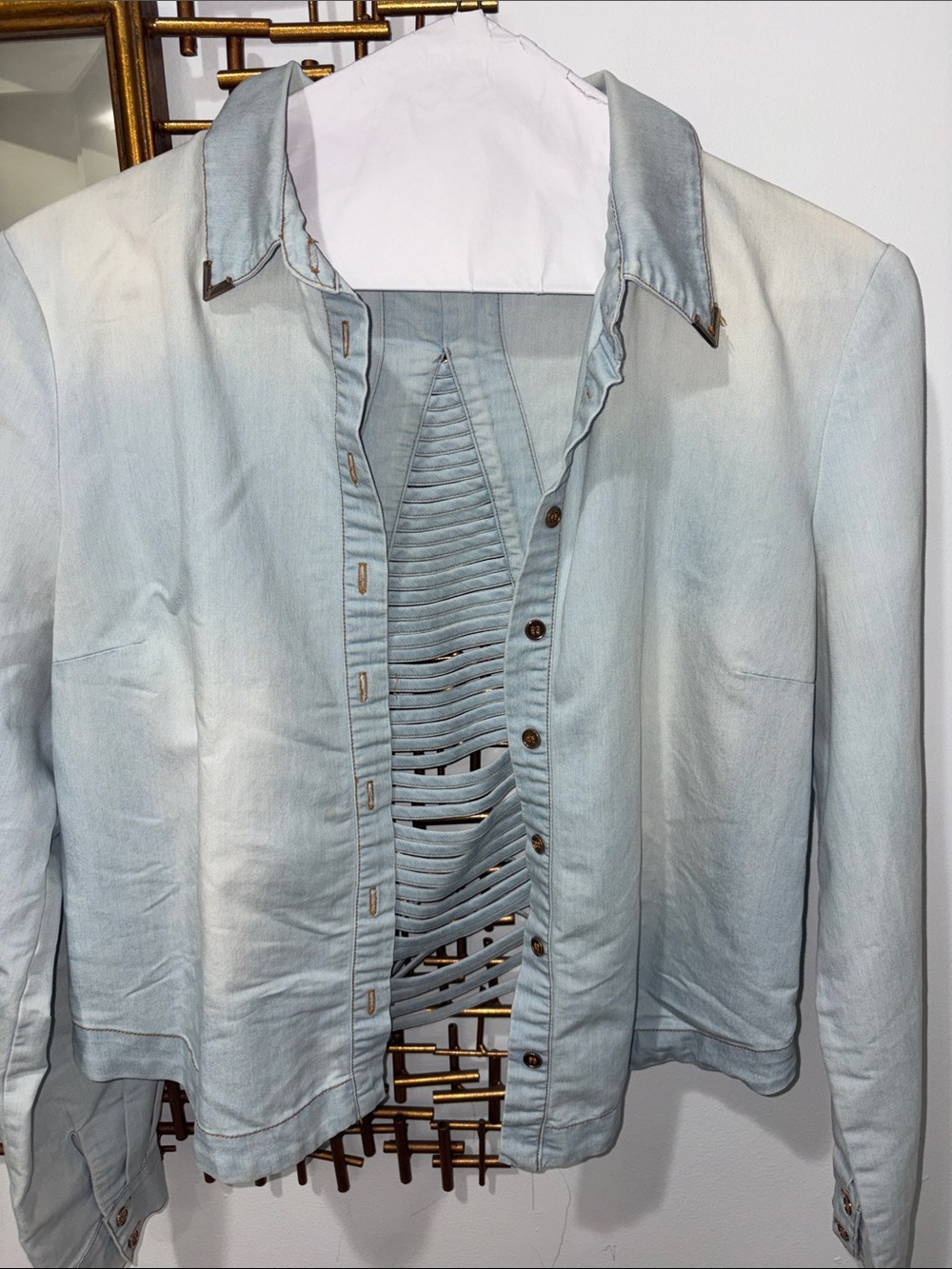 Light Blue Women's Button-Down Shirt Jacket with Ladder Front Detail